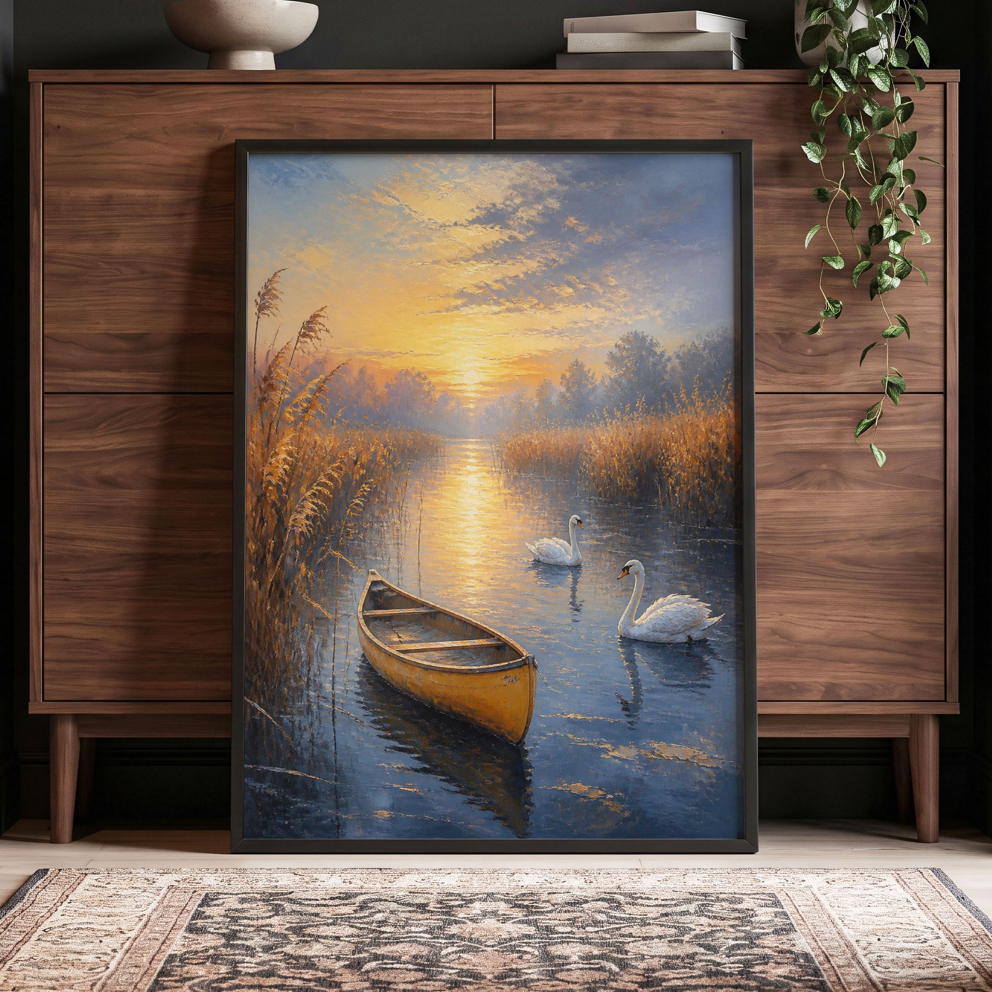 Golden Marsh Reverie, blue, gold, brown nature wall art displayed in a styled interior, gallery view 4