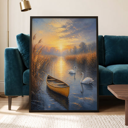 Golden Marsh Reverie, blue, gold, brown nature wall art displayed in a styled interior, gallery view 5