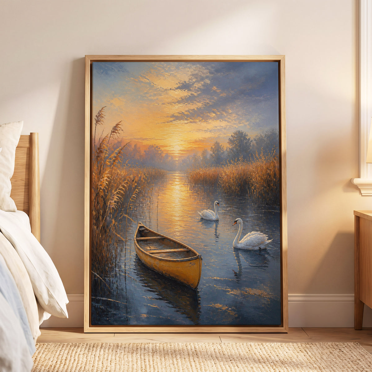 Golden Marsh Reverie, blue, gold, brown nature wall art displayed in a styled interior, gallery view 6