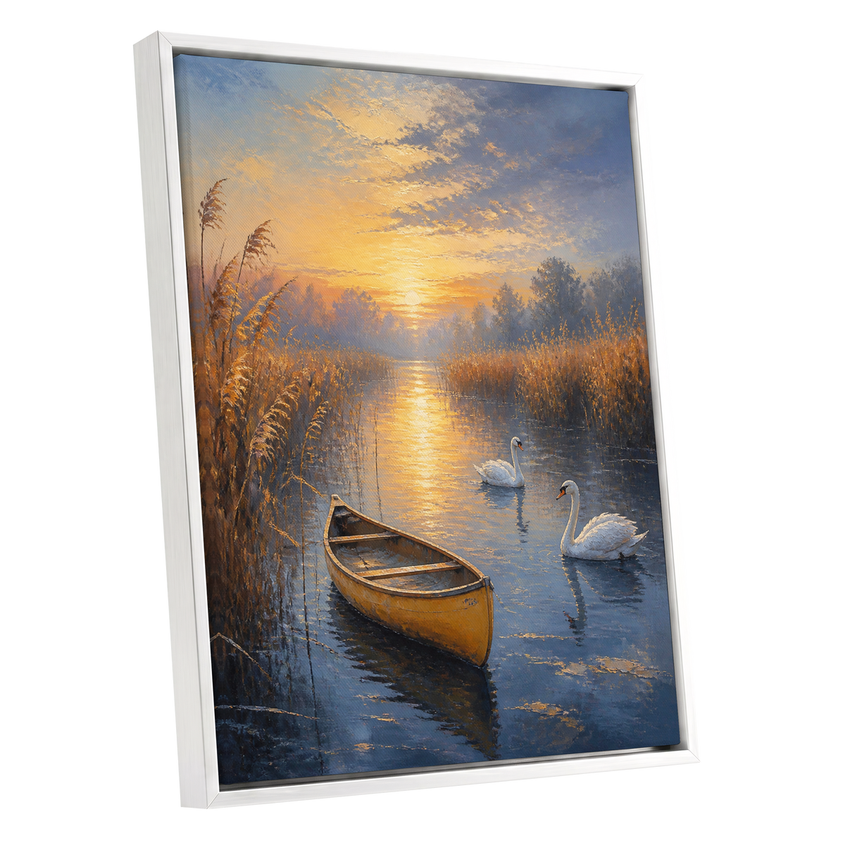 Golden Marsh Reverie, blue, gold, brown nature wall art shown as a white framed canvas wall art