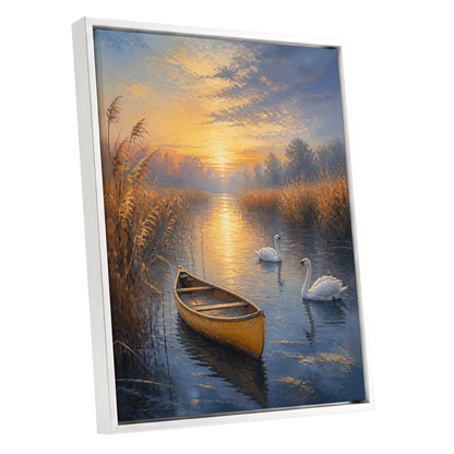 Golden Marsh Reverie, blue, gold, brown nature wall art shown as a white framed canvas wall art