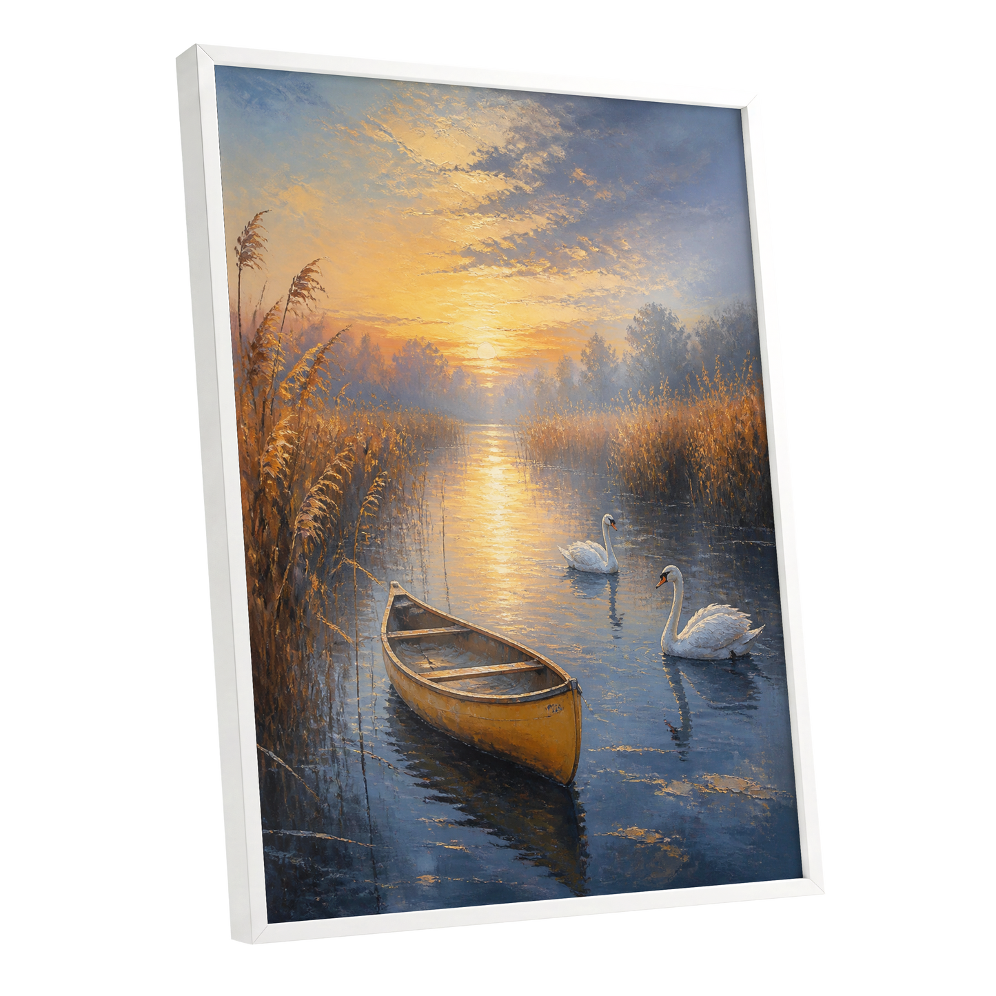 Golden Marsh Reverie, blue, gold, brown nature wall art shown as a white framed poster wall art print