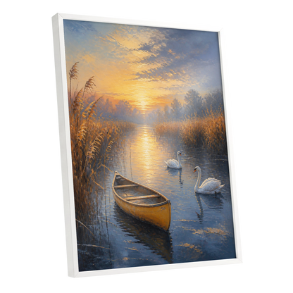 Golden Marsh Reverie, blue, gold, brown nature wall art shown as a white framed poster wall art print