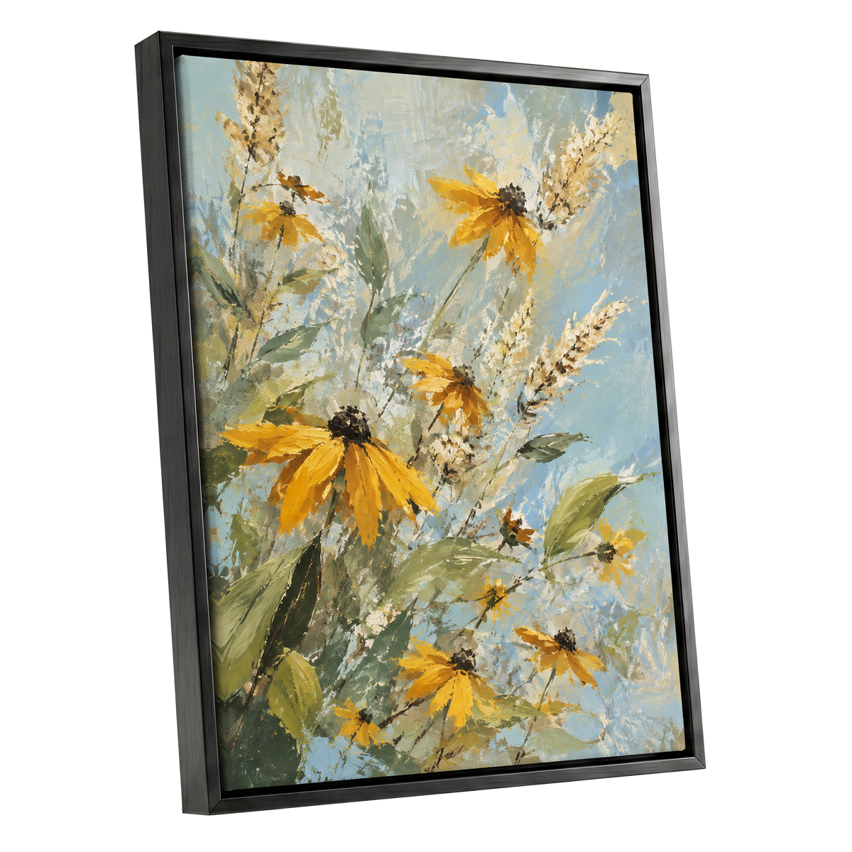 Golden Meadow Drift, yellow, blue, green floral wall art shown as a black framed canvas wall art