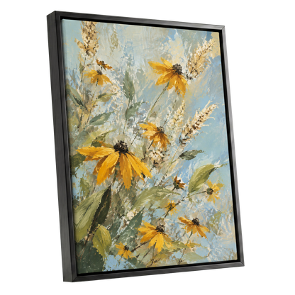Golden Meadow Drift, yellow, blue, green floral wall art shown as a black framed canvas wall art