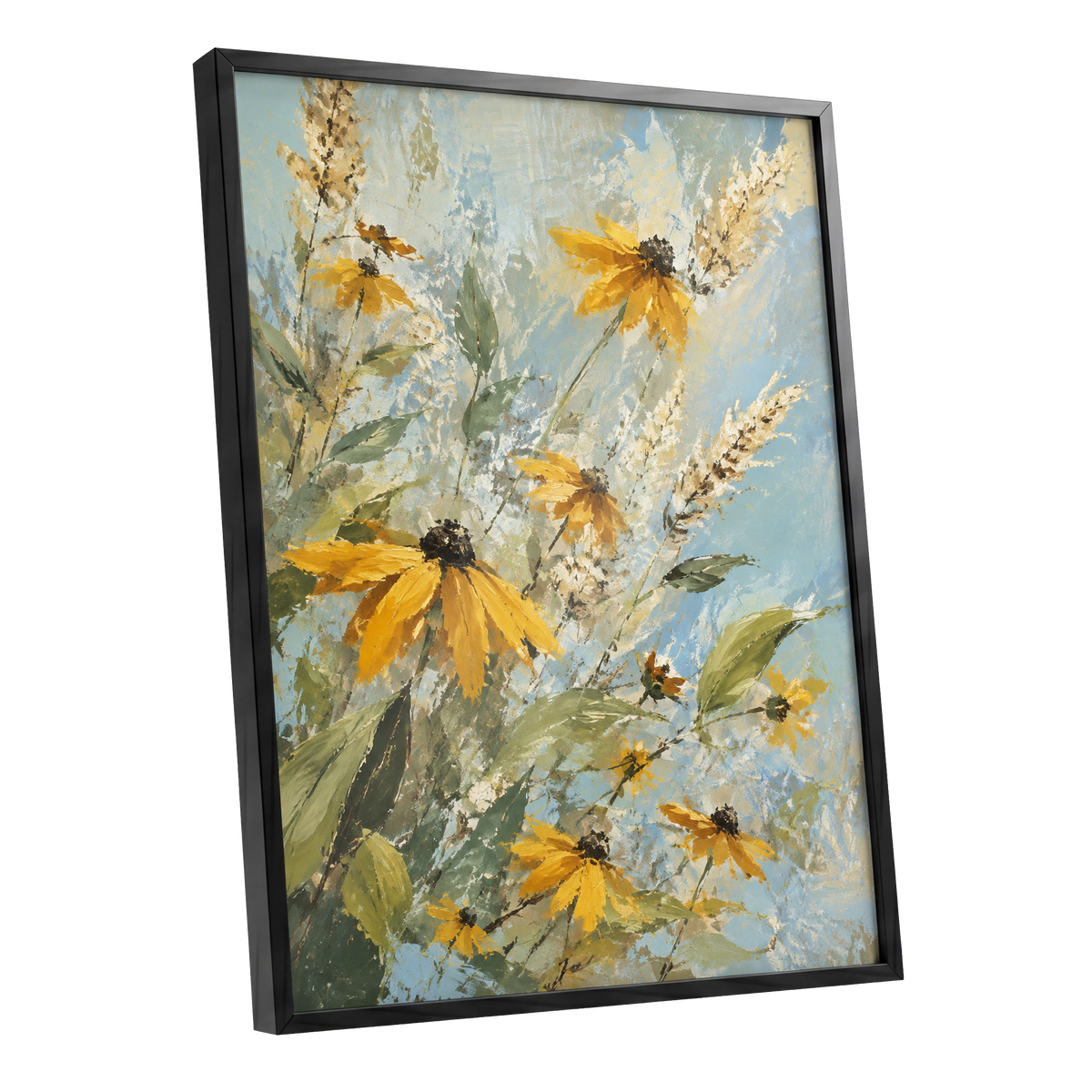 Golden Meadow Drift, yellow, blue, green floral wall art shown as a black framed poster wall art print
