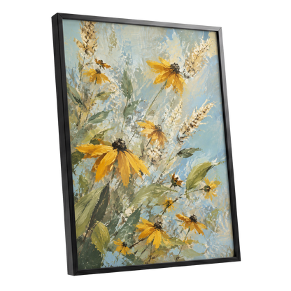 Golden Meadow Drift, yellow, blue, green floral wall art shown as a black framed poster wall art print