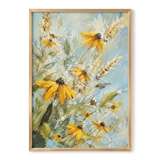 Golden Meadow Drift, yellow, blue, green floral wall art, front artwork view