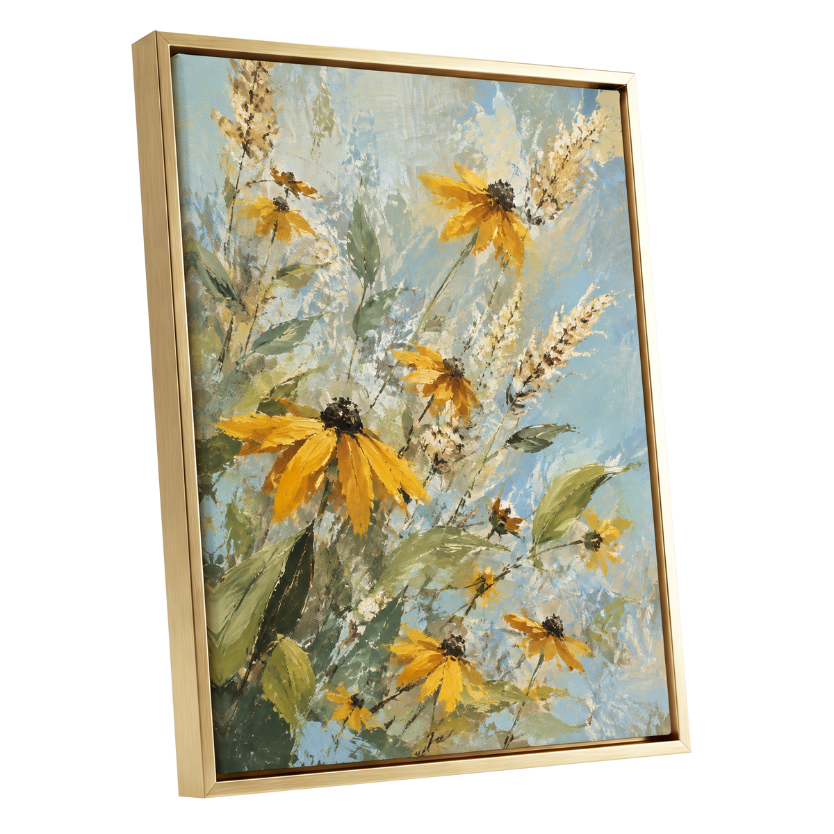 Golden Meadow Drift, yellow, blue, green floral wall art shown as a gold framed canvas wall art