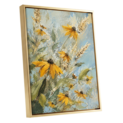 Golden Meadow Drift, yellow, blue, green floral wall art shown as a gold framed canvas wall art