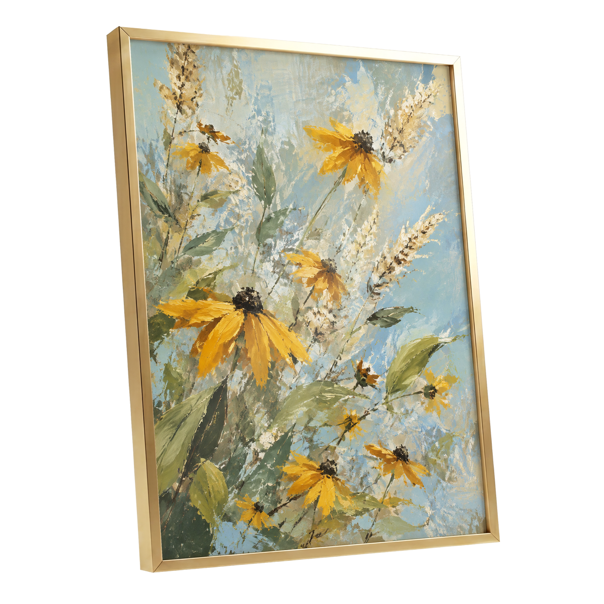 Golden Meadow Drift, yellow, blue, green floral wall art shown as a gold framed poster wall art print