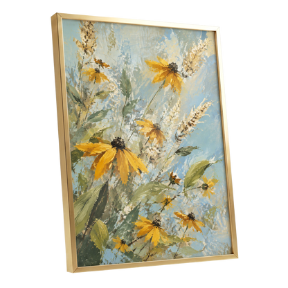 Golden Meadow Drift, yellow, blue, green floral wall art shown as a gold framed poster wall art print