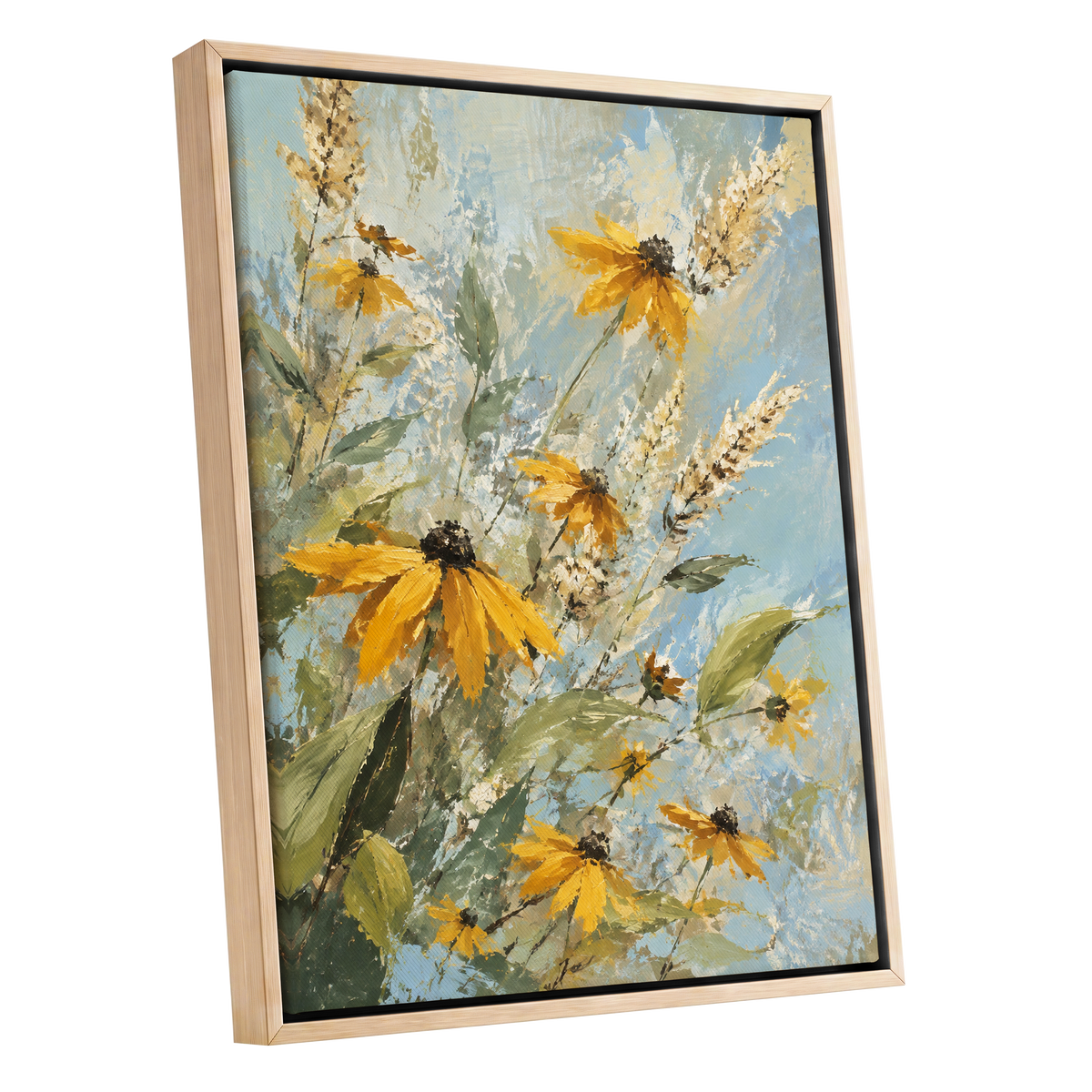 Golden Meadow Drift, yellow, blue, green floral wall art shown as a oak framed canvas wall art