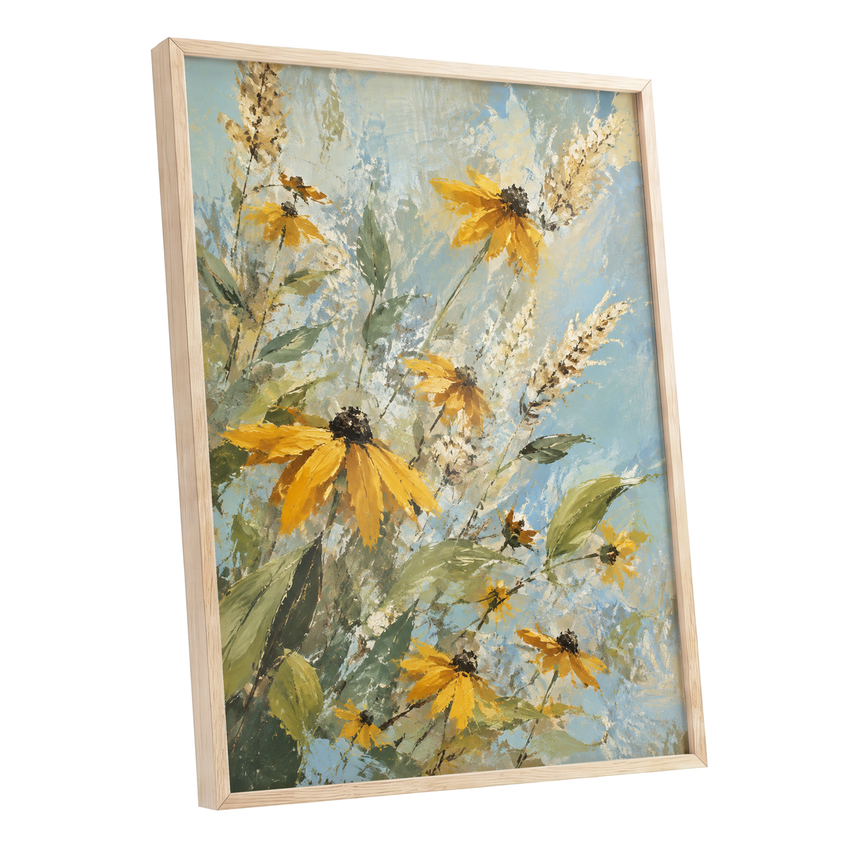Golden Meadow Drift, yellow, blue, green floral wall art shown as a oak framed poster wall art print