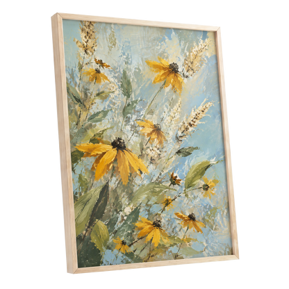 Golden Meadow Drift, yellow, blue, green floral wall art shown as a oak framed poster wall art print