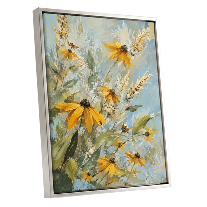 Golden Meadow Drift, yellow, blue, green floral wall art shown as a silver framed canvas wall art