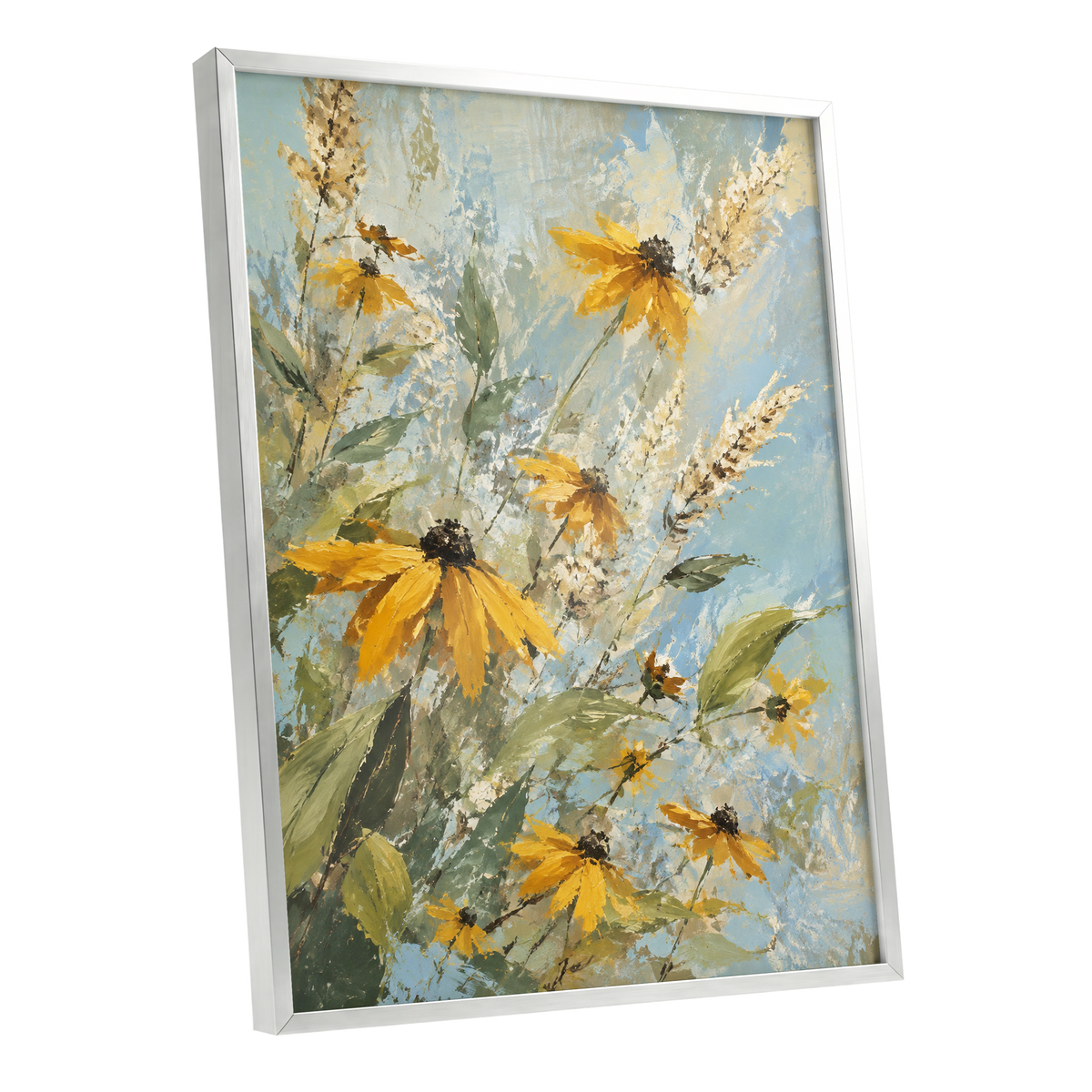 Golden Meadow Drift, yellow, blue, green floral wall art shown as a silver framed poster wall art print