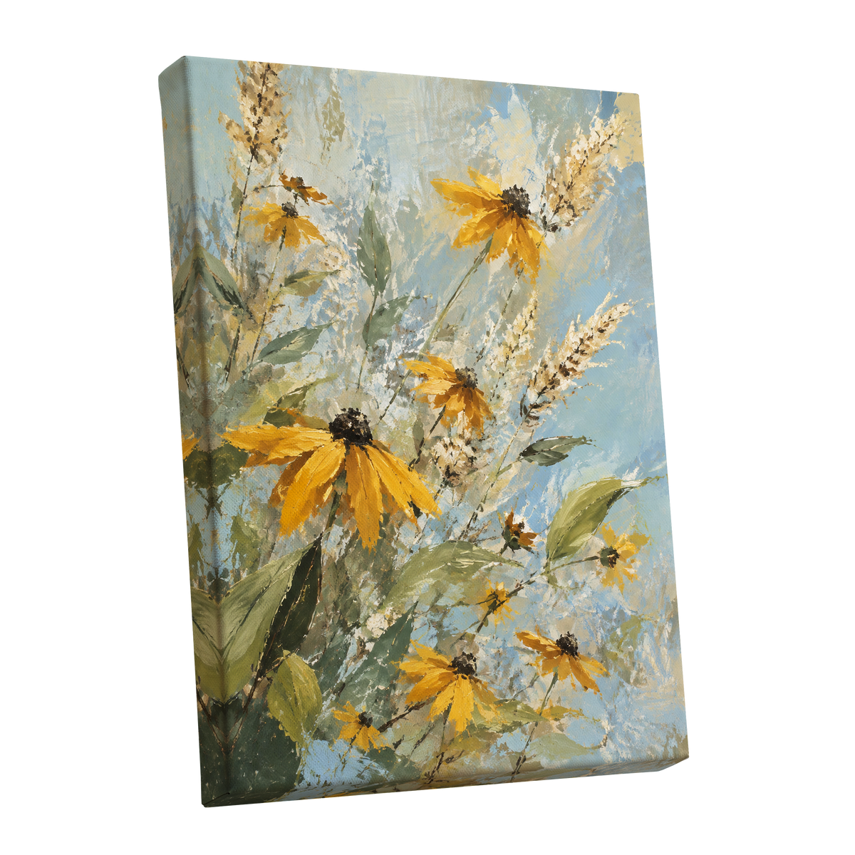Golden Meadow Drift, yellow, blue, green floral wall art shown as a stretched canvas wall art