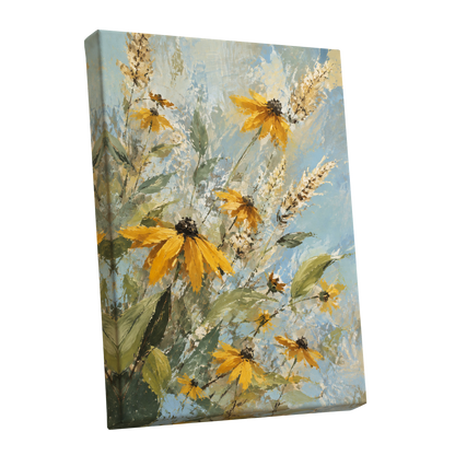 Golden Meadow Drift, yellow, blue, green floral wall art shown as a stretched canvas wall art