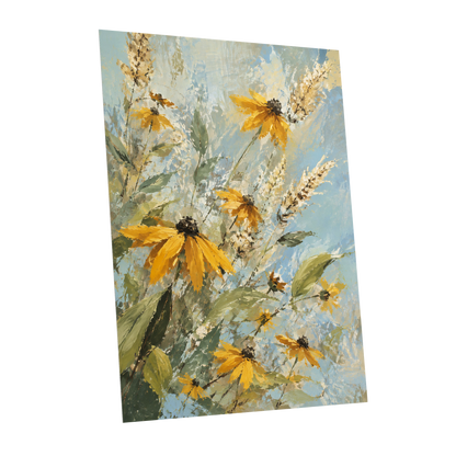 Golden Meadow Drift, yellow, blue, green floral wall art shown as a unframed poster wall art print