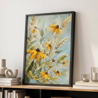 Golden Meadow Drift, yellow, blue, green floral wall art displayed in a styled interior, gallery view 2