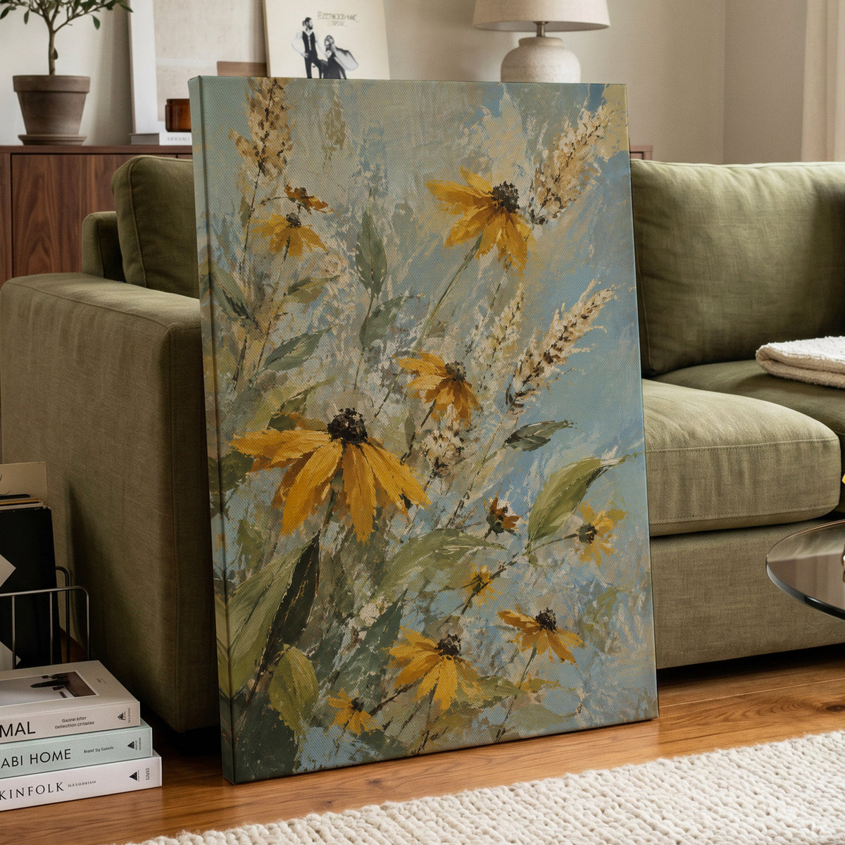Golden Meadow Drift, yellow, blue, green floral wall art displayed in a styled interior, gallery view 3