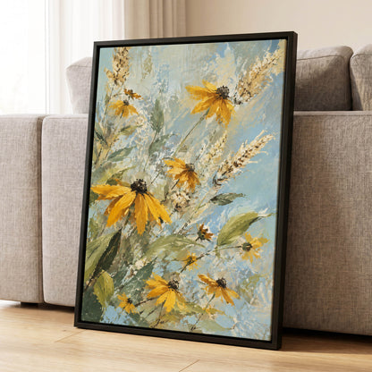Golden Meadow Drift, yellow, blue, green floral wall art displayed in a styled interior, gallery view 4