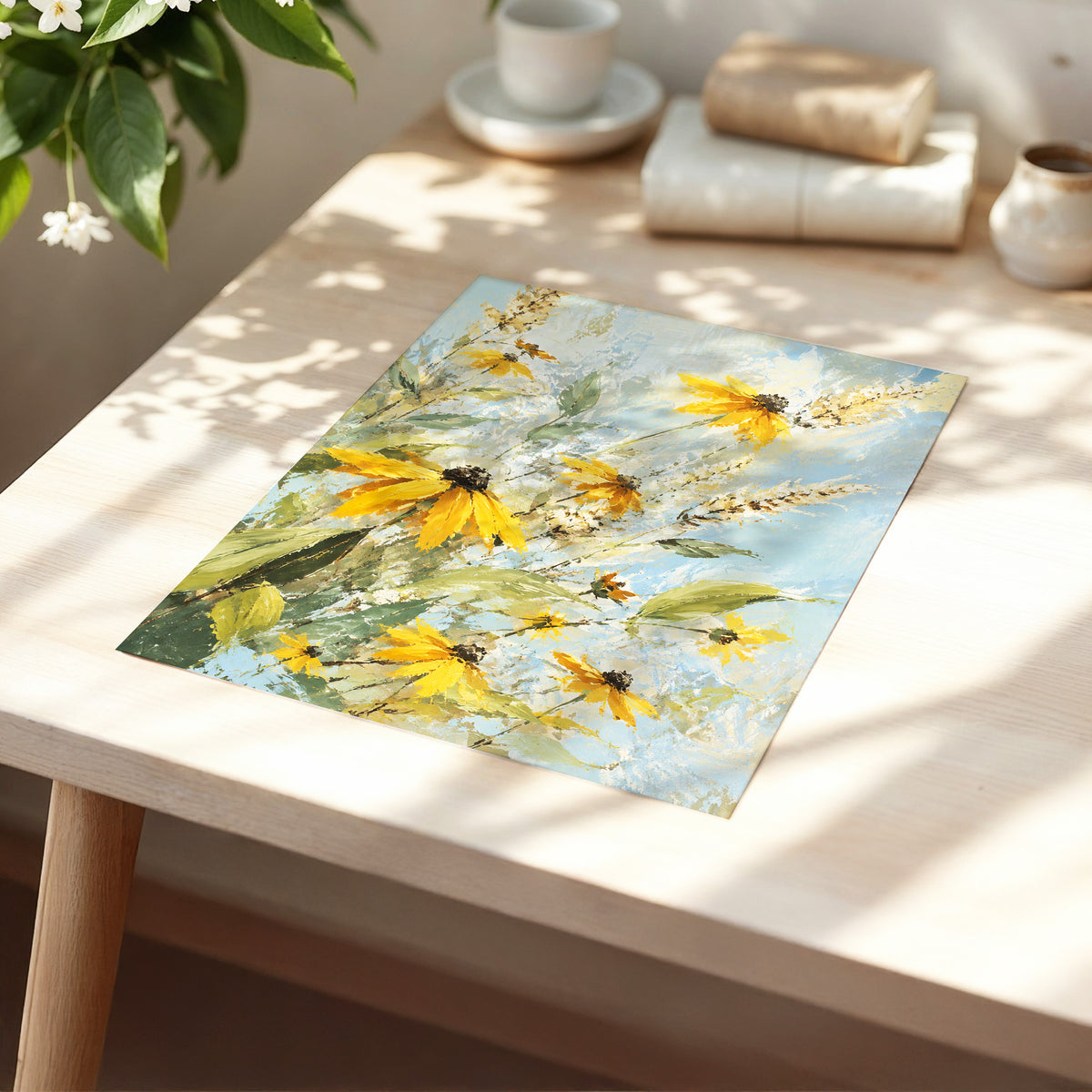 Golden Meadow Drift, yellow, blue, green floral wall art displayed in a styled interior, gallery view 5