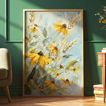 Golden Meadow Drift, yellow, blue, green floral wall art displayed in a styled interior, gallery view 6