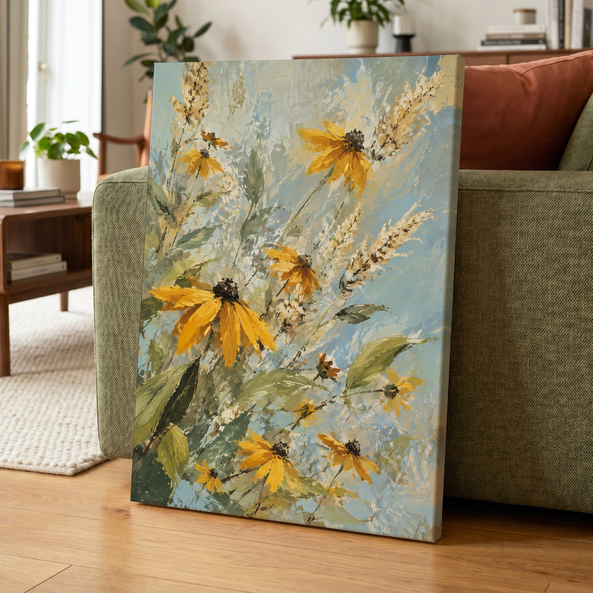 Golden Meadow Drift, yellow, blue, green floral wall art displayed in a styled interior, gallery view 7