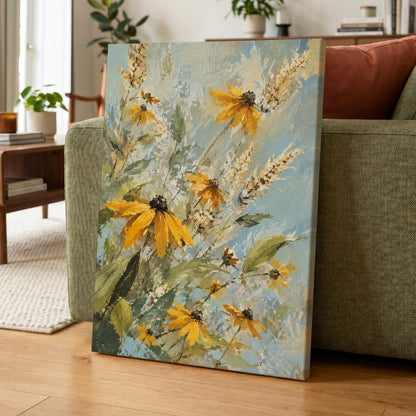 Golden Meadow Drift, yellow, blue, green floral wall art displayed in a styled interior, gallery view 7