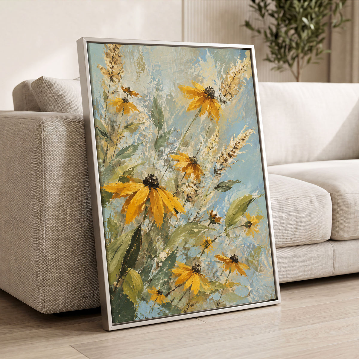 Golden Meadow Drift, yellow, blue, green floral wall art displayed in a styled interior, gallery view 8