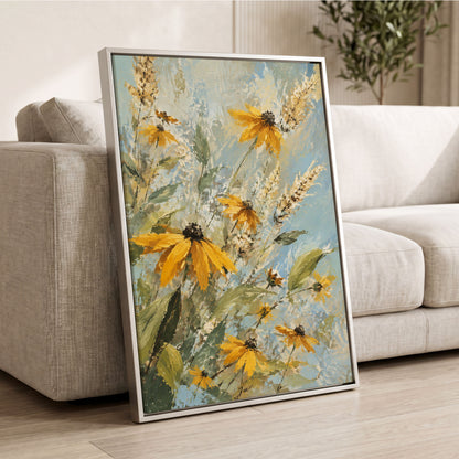 Golden Meadow Drift, yellow, blue, green floral wall art displayed in a styled interior, gallery view 8