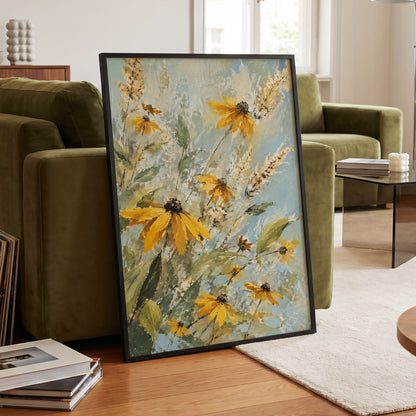 Golden Meadow Drift, yellow, blue, green floral wall art displayed in a styled interior, gallery view 9