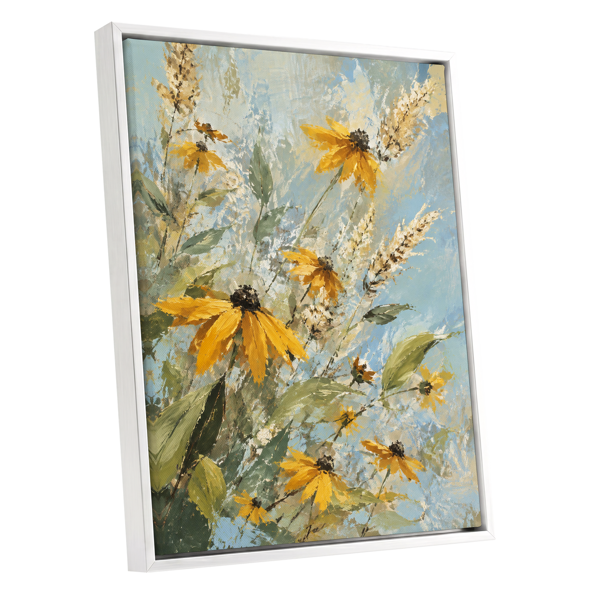 Golden Meadow Drift, yellow, blue, green floral wall art shown as a white framed canvas wall art