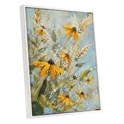 Golden Meadow Drift, yellow, blue, green floral wall art shown as a white framed canvas wall art