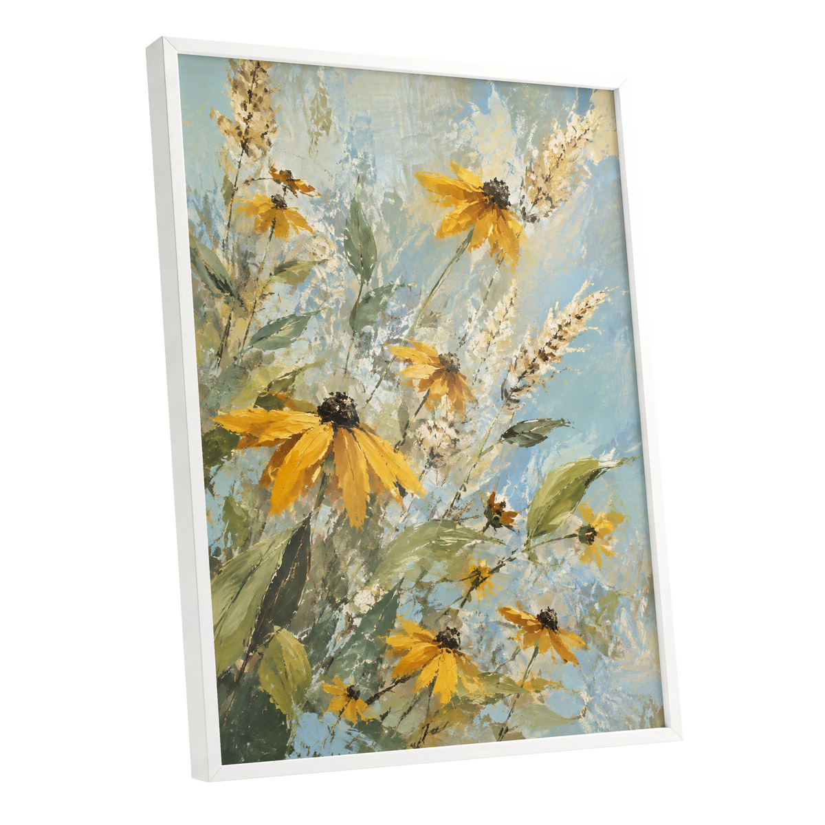 Golden Meadow Drift, yellow, blue, green floral wall art shown as a white framed poster wall art print