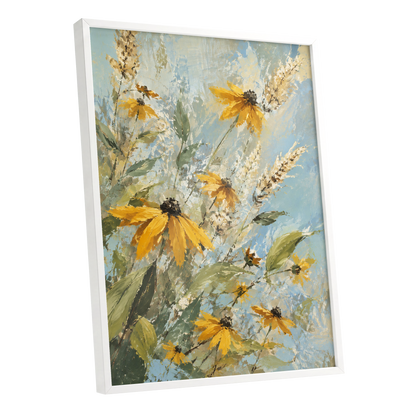 Golden Meadow Drift, yellow, blue, green floral wall art shown as a white framed poster wall art print