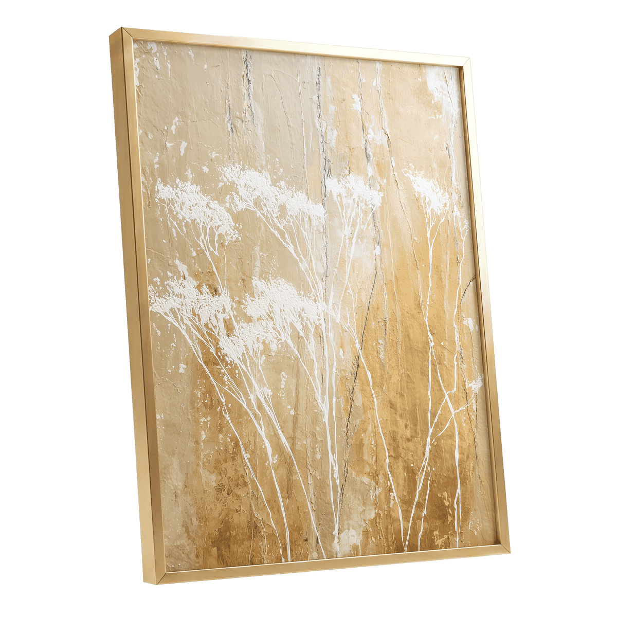 Golden Meadow Texture: framed abstract botanical wall art featuring white textured brushstrokes of grass-like forms over a warm gold and beige background, enclosed in a slim gold frame.