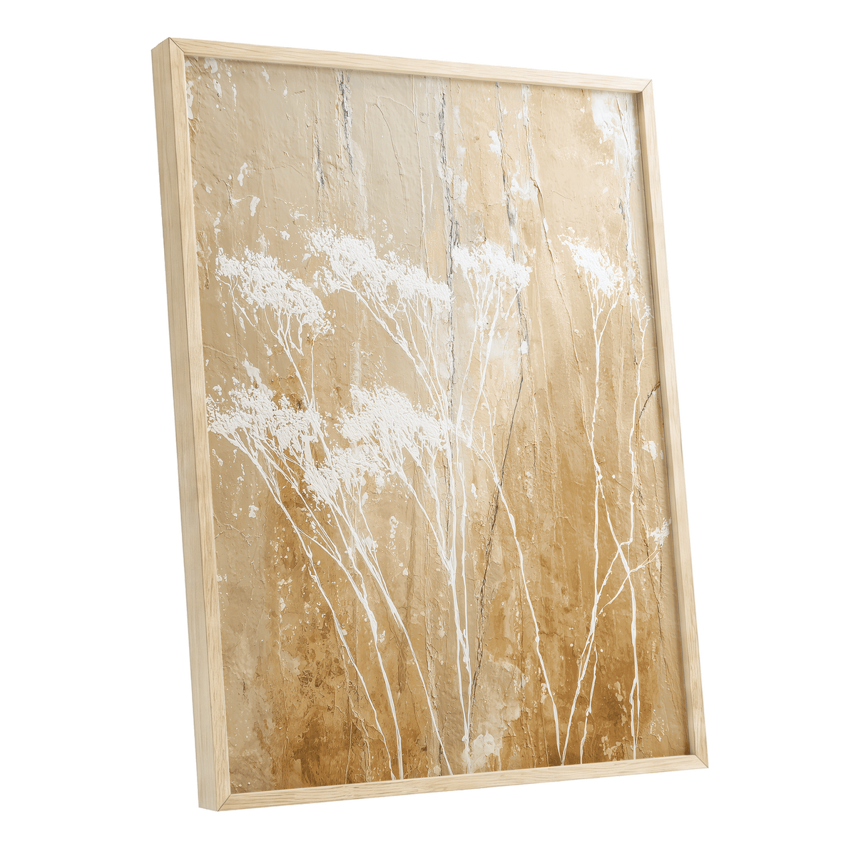 Golden Meadow Texture: framed wall art featuring a textured beige and brown background with white painted botanical branches, shown in a light natural wood frame against a white background.