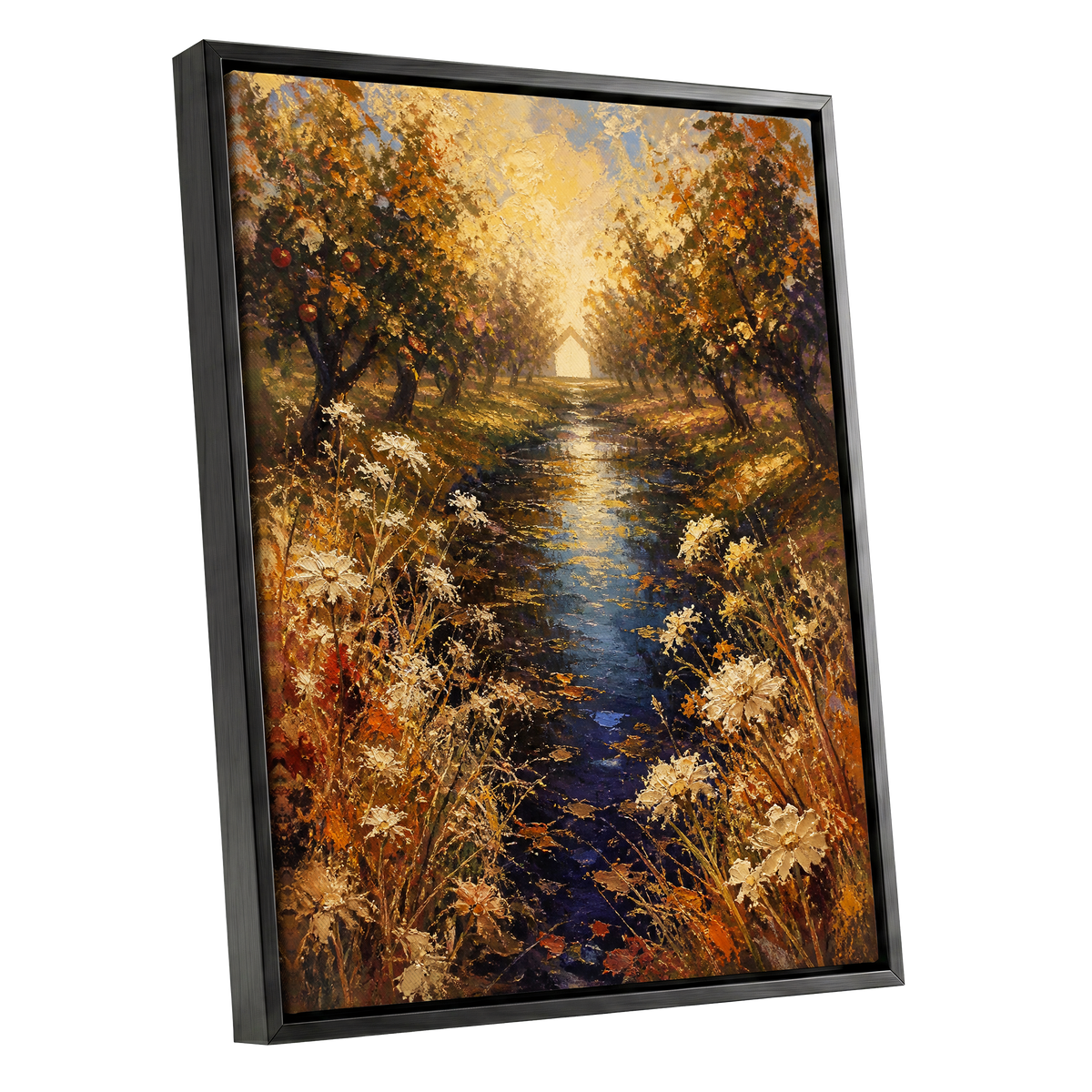 Golden Orchard Glow, gold, blue, brown nature wall art shown as a black framed canvas wall art