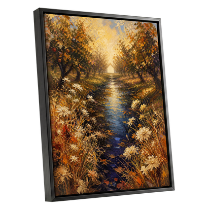 Golden Orchard Glow, gold, blue, brown nature wall art shown as a black framed canvas wall art