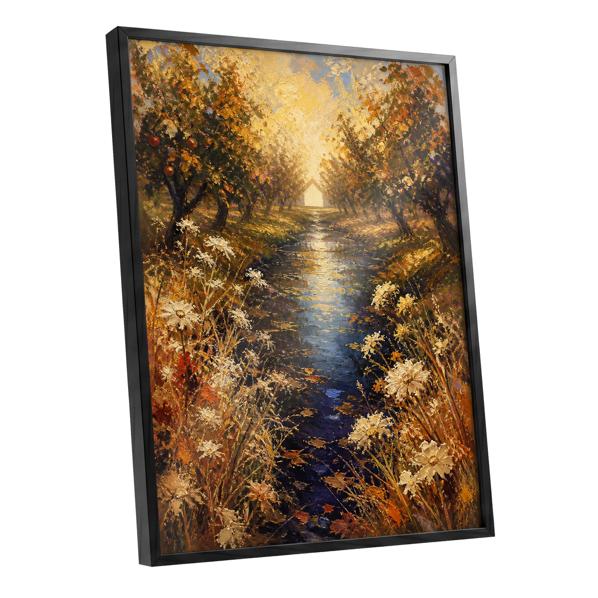 Golden Orchard Glow, gold, blue, brown nature wall art shown as a black framed poster wall art print
