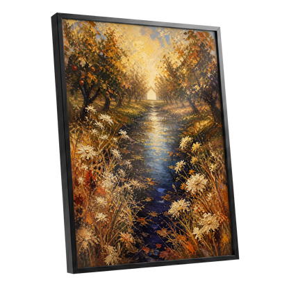 Golden Orchard Glow, gold, blue, brown nature wall art shown as a black framed poster wall art print