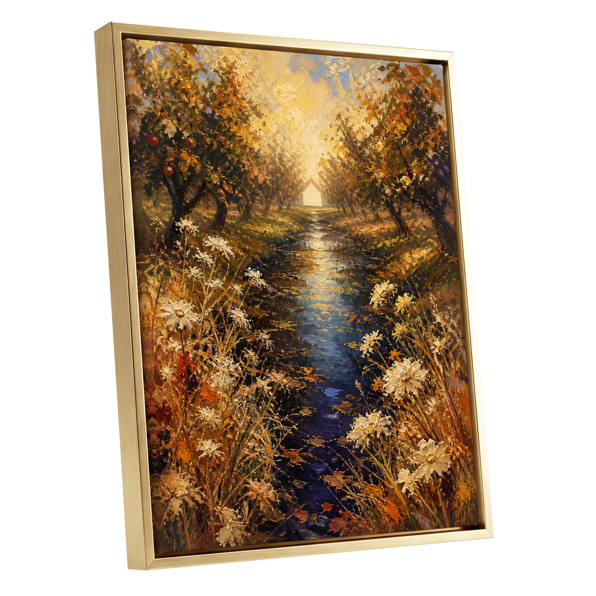 Golden Orchard Glow, gold, blue, brown nature wall art shown as a gold framed canvas wall art