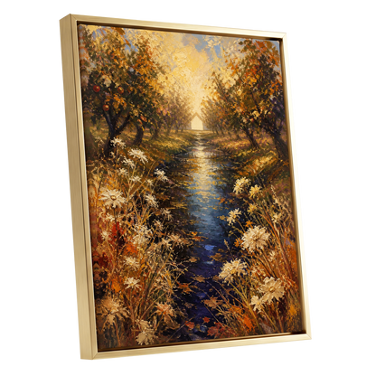 Golden Orchard Glow, gold, blue, brown nature wall art shown as a gold framed canvas wall art