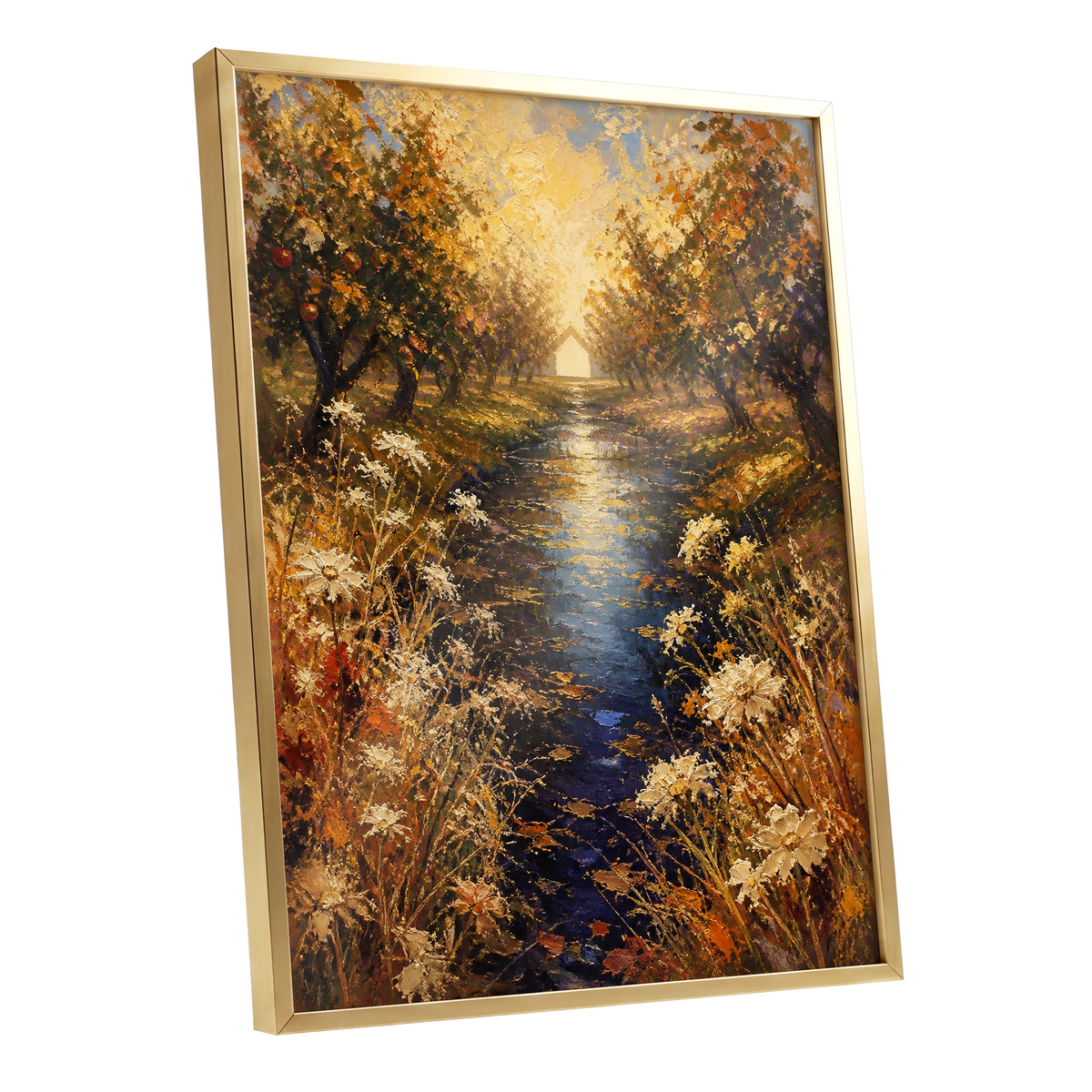 Golden Orchard Glow, gold, blue, brown nature wall art shown as a gold framed poster wall art print