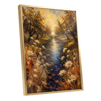 Golden Orchard Glow, gold, blue, brown nature wall art shown as a gold framed poster wall art print