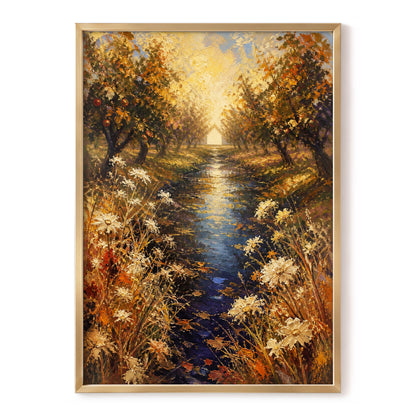 Golden Orchard Glow, gold, blue, brown nature wall art, front artwork view