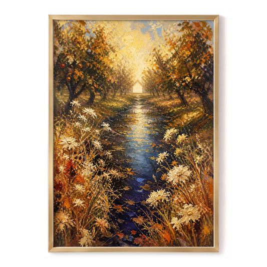 Golden Orchard Glow, gold, blue, brown nature wall art, front artwork view